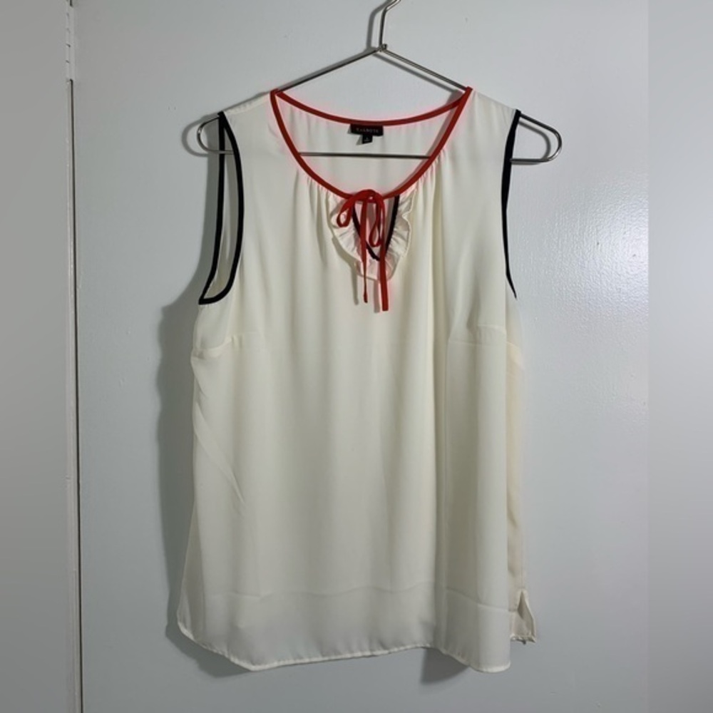Talbots, nautical, tie front, red, black, cream, sleeveless, lightweight top L